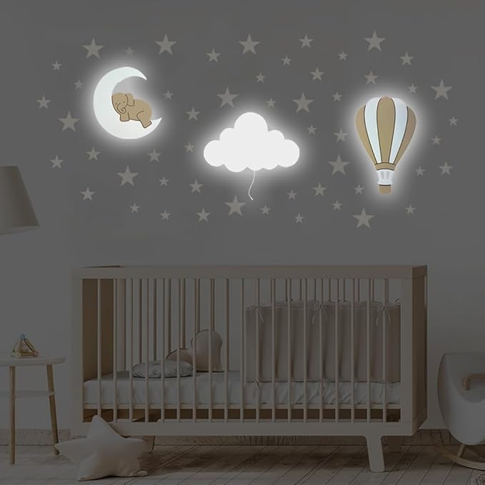 BugyBagy Nursery Wall Lamp Set – 3 Hand Painted Night Lights for Baby Room (Hot Air Balloon, Cloud, Elephant on Moon) + Bonus Wall Stickers – Soft Linen Colors (Beige Theme)