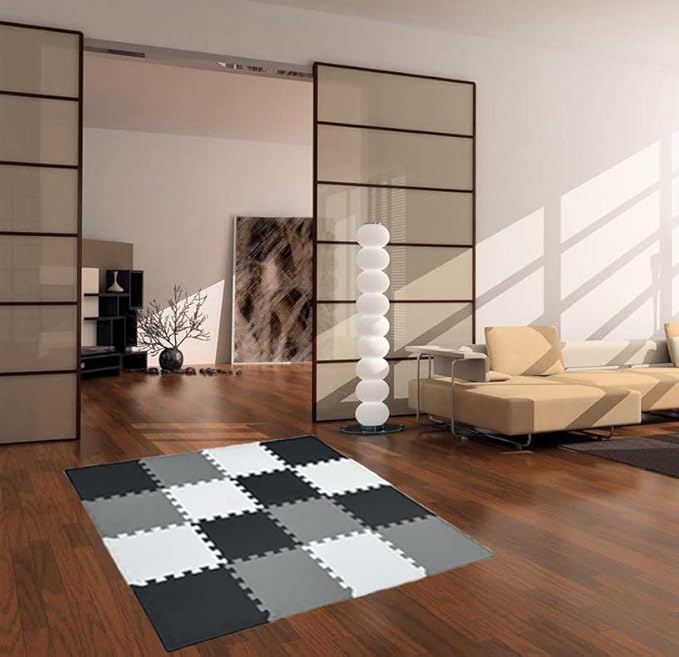 16 Pieces Foam Play Mat with Border, Interlocking Playmat Tiles, Foam Floor Mat Tiles for Kids, Puzzle Play Mats, Exercise Gym Mats – Color of Black & Grey & White