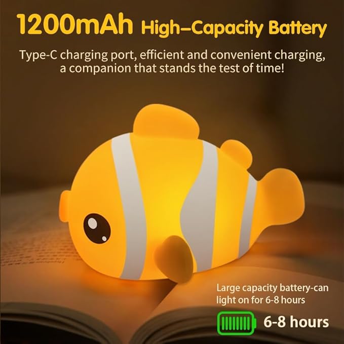 Clownfish Night Light for Kids Nursery - Adorable Ocean-Themed Silicone Baby Light with 3-Level Dimmable LED, Portable Toddler Sleep Lamp for Bedroom, Kids Room, Baby Shower & Birthday Gift