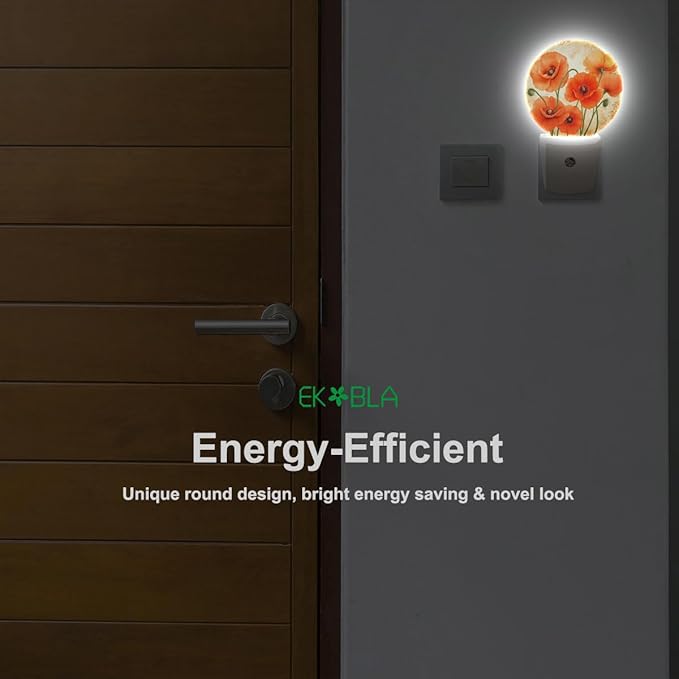 EKOBLA Floral Night Lights Plug into Wall Vintage Poppy Flower Red Orange Night Light LED Round Lamp for Boys Girls, Dusk to Dawn Sensor Nightlight for Stairway Hallway Kitchen