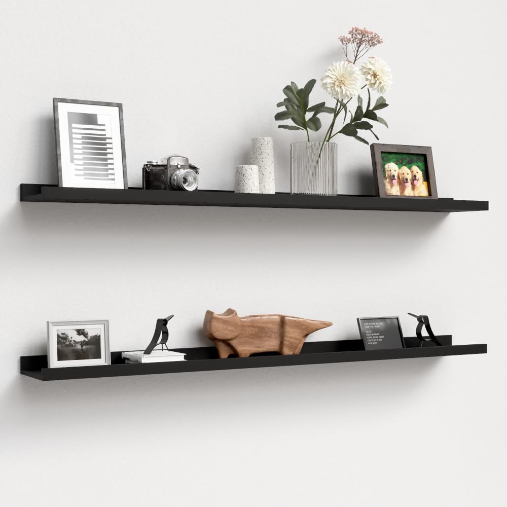 47.2 Inches Long Floating Shelves Wall Mounted, 2 Set Modern Wall Shelf for Bedroom, Nursery Book Shelf with Lip, Picture Ledge Shelf for Wall Decor Living Room Bathroom Kitchen - Black