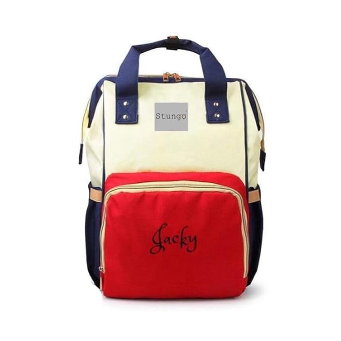 Personalized Large Diaper Bag Knapsack/Tote Bag/Backpack -Custom Monogram Embroidered for Infant/Baby Bag/ (Blue Red Cream)