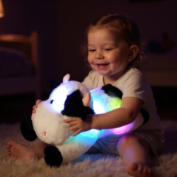 Cuteoy Glowing LED Cow Light-up Nightlight Toys Musical Plush Stuffed Animal Soft Singing Lullabies Birthday Christmas Plushies Gifts for Kids Boys Girls,15.5"