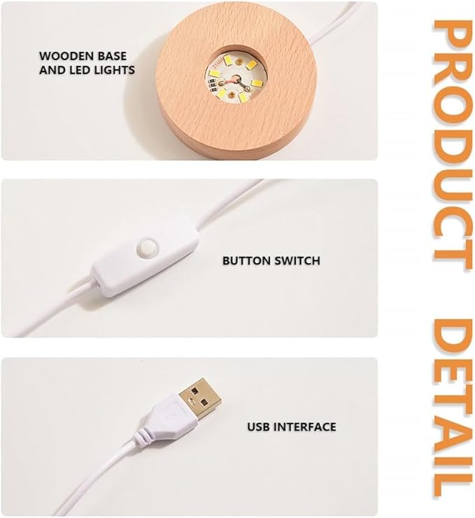 3D Clover Laser Engraved Pattern with Wooden Lighted Base, USB Powered Cable with Switch, Night Light Decoration, Good Luck Gifts Ideas with Multicolor Lighting Base