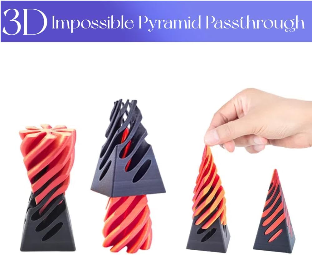 Impossible Pyramid Passthrough Sculpture, Pass Through Pyramid, 3D Printed Spiral Cone, Mini Vortex Thread Illusion (Orange)