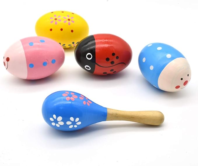 Wooden Easter Eggs Shakers Toys, Maracas Kids Hand Percussion Shakers Percussion Musical for Party Favors Kids Easter Basket Stuffers, 4 Pack Easter Eggs with 2 Shaker Sand Hammer Kit
