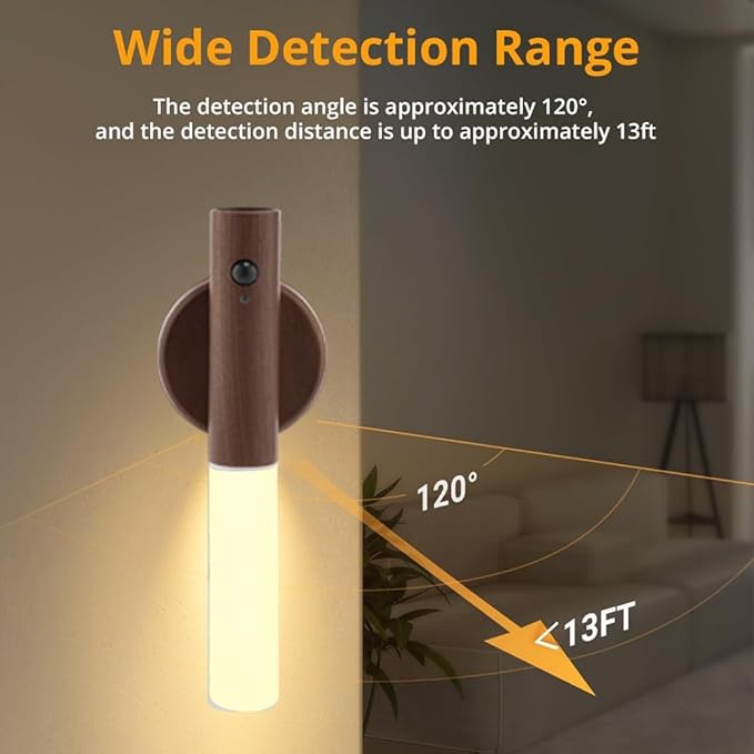 LANDGOO LED Nursery Night Light, Body Motion Sensor Nursing Lamp, Rechargeable Battery Powered Magnetic 360° Portable Lighting for Bedroom Bathroom, Walnut Wood 2Pcs