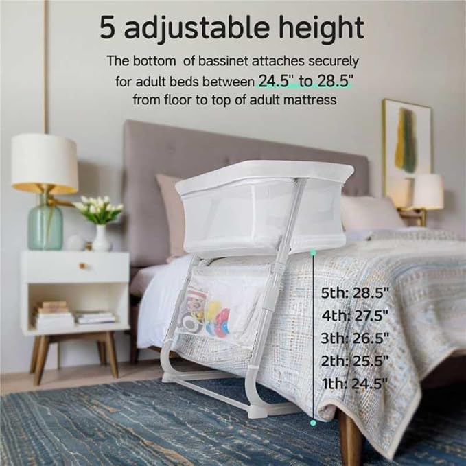 Cowiewie Bassinet Bedside Sleeper,Baby Bassinets Higher Place on Bed,5-Position Adjustment Baby Crib,Breathable 360° Mesh Sides Bedside Bassinet,Space-Saving Bedside Cribs, Height(37.4-41.3") (White)