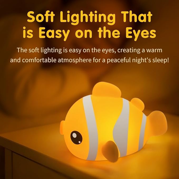 Clownfish Night Light for Kids Nursery - Adorable Ocean-Themed Silicone Baby Light with 3-Level Dimmable LED, Portable Toddler Sleep Lamp for Bedroom, Kids Room, Baby Shower & Birthday Gift
