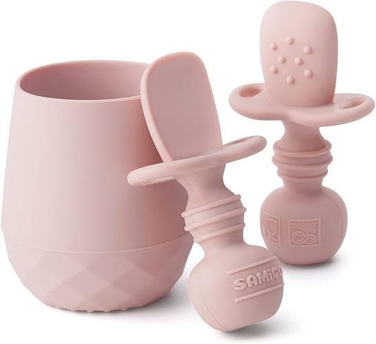 SAMiGO Silicone Baby Utensils - Self Feeding Spoons and Tiny Training Cup - First Stage Baby Led Weaning Supplies for 6 Months+ Infants - Set of 3