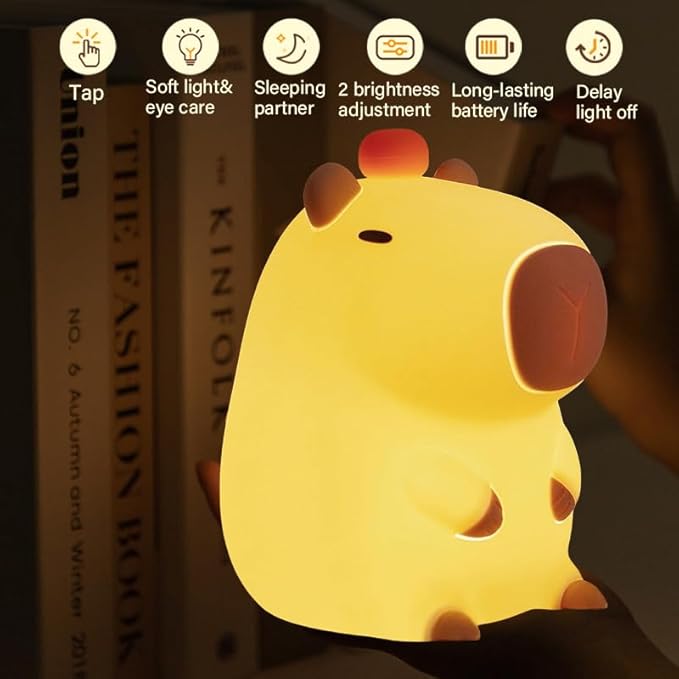 Cute Tangerine Capybara Night Light, LED Squishy Night Lamp, 2 Levels Dimmable Nursery Nightlight for Kids, Rechargeable Touch Lamp, Dorm Decor, Kids Funny Gifts (Fixed Tangerine)