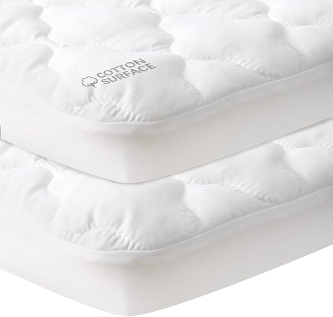 Pack and Play Mattress Pad Protector 2 Pack Waterproof, Cotton Fabric Absorbent, Soft Pack and Play Sheets, Fits Graco Play Yards, Baby Portable Mini Cribs. Foldable Mini Crib Sheets Cover