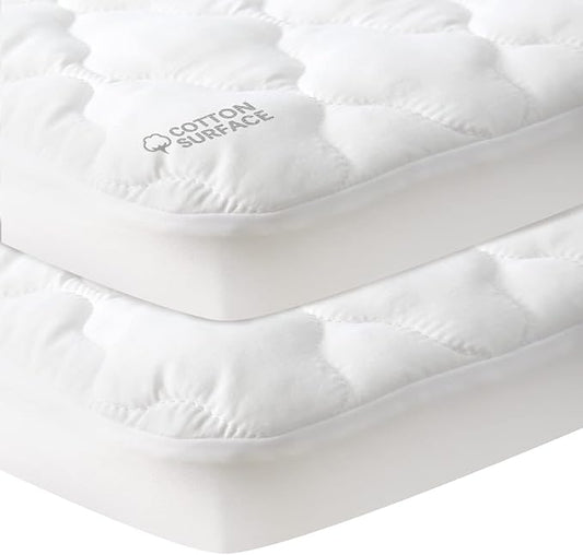 Pack and Play Mattress Pad Protector 2 Pack Waterproof, Cotton Fabric Absorbent, Soft Pack and Play Sheets, Fits Graco Play Yards, Baby Portable Mini Cribs. Foldable Mini Crib Sheets Cover