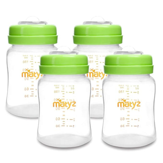Matyz 4-PACK Breastmilk Storage Bottles With Lids (Green, 6oz Each) - Wide Mouth Breastmilk Collection Storage Bottle - Leakproof Breast Pump Bottle for Spectra Medela Philips Breast Pumps