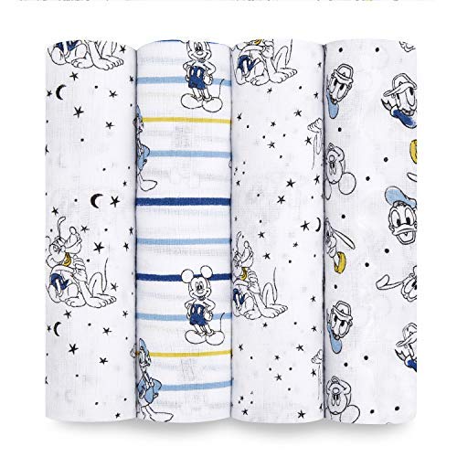 aden + anais Disney, Swaddle Blanket, Boutique Muslin Blankets for Baby Girls and Boys, Newborn Receiving Blanket for Swaddling, 100% Cotton Baby Swaddle Wrap, 4 Pack, Mickey Stargazer