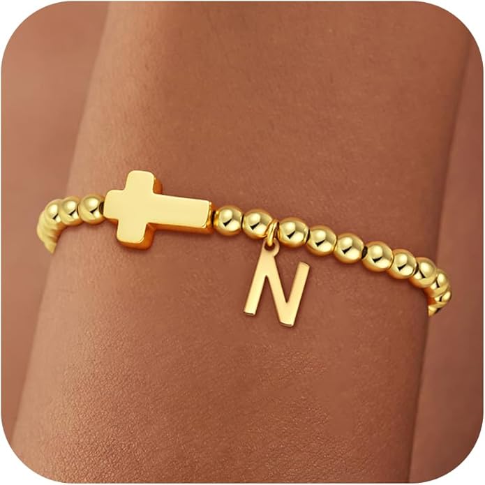 Gold Initial Bracelets for Women Girls - 18K Gold Plated Cross Initial Bracelet Dainty Beaded Bracelet Gold Bracelets for Women Teen Girl Gifts