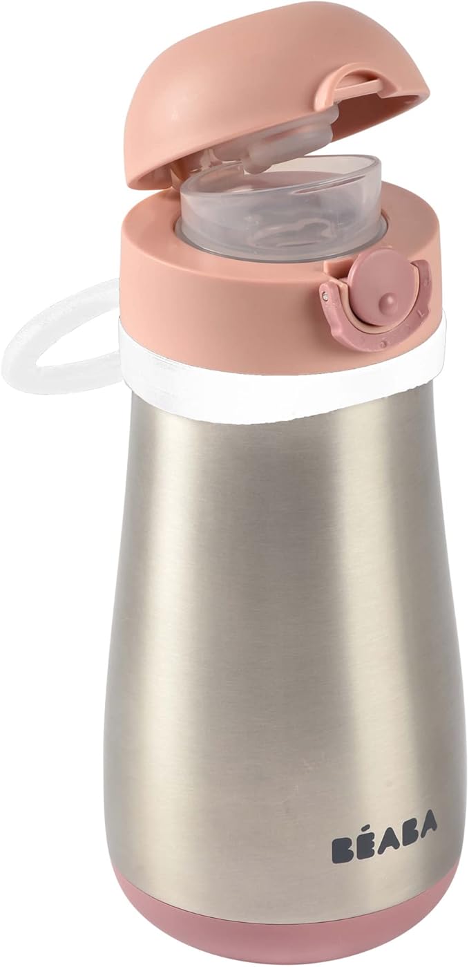 BEABA Kids Stainless Steel Insulated Water Bottle, Kids Water Bottle, Toddler Thermos with Spill Proof Spout and Close Top, Perfect for Travel, (Rose)