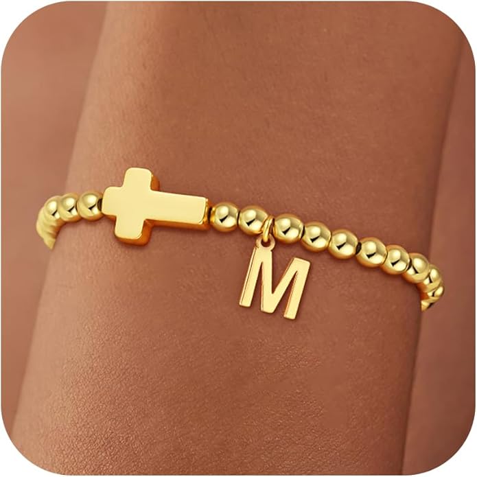 Gold Initial Bracelets for Women Girls - 18K Gold Plated Cross Initial Bracelet Dainty Beaded Bracelet Gold Bracelets for Women Teen Girl Gifts