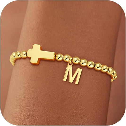 Gold Initial Bracelets for Women Girls - 18K Gold Plated Cross Initial Bracelet Dainty Beaded Bracelet Gold Bracelets for Women Teen Girl Gifts