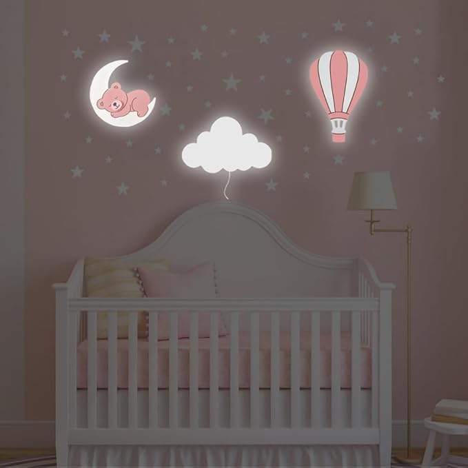 BugyBagy Nursery Wall Lamp Set – 3 Hand Painted Night Lights for Baby Room (Hot Air Balloon, Cloud, Elephant on Moon) + Bonus Wall Stickers – Soft Linen Colors Pink or Blue (Pink Theme 2)