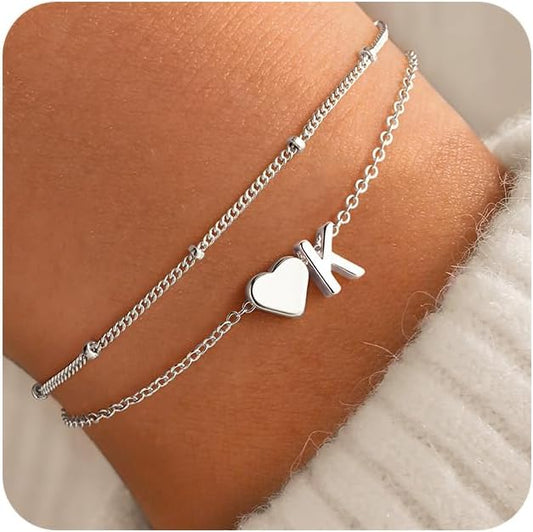 M MOOHAM Initial Heart Bracelets for Women - Layered Dainty 14K-Gold-Plated Heart Letter A-Z Charm Bracelets for Women, Chain Link Charm Bracelets Beaded Bracelets Birthday Gifts Womens Jewelry