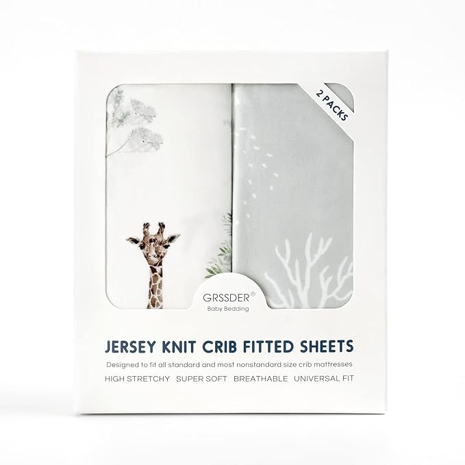 GRSSDER Stretch Ultra Soft Jersey Knit Fitted Crib Sheets Set 2 Pack，Fit All Standard Crib Mattress Pads Safe and Snug, Crib Fitted Sheet for Boys and Girls, Pretty African Savannah Animals Pattern