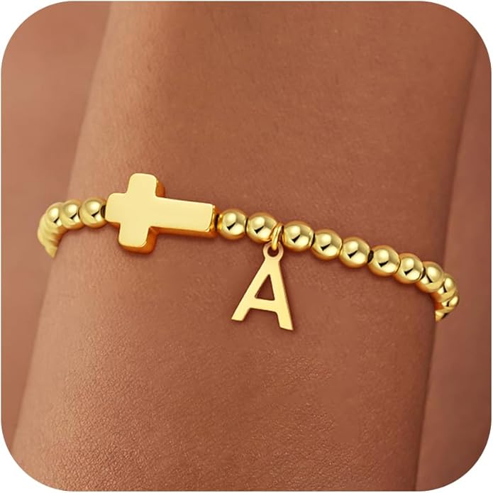 Gold Initial Bracelets for Women Girls - 18K Gold Plated Cross Initial Bracelet Dainty Beaded Bracelet Gold Bracelets for Women Teen Girl Gifts