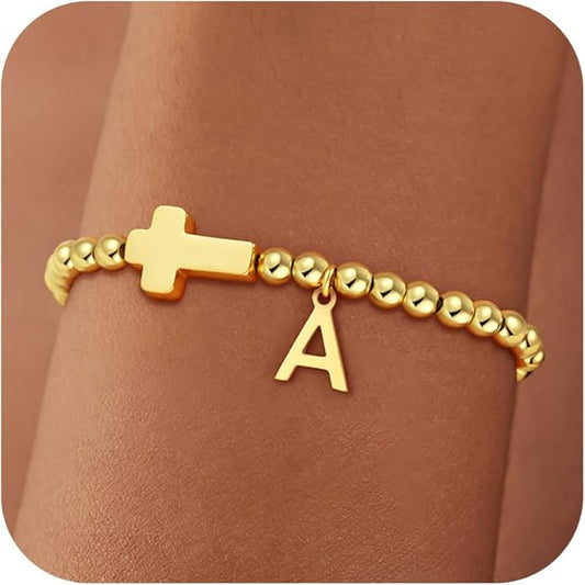 Gold Initial Bracelets for Women Girls - 18K Gold Plated Cross Initial Bracelet Dainty Beaded Bracelet Gold Bracelets for Women Teen Girl Gifts