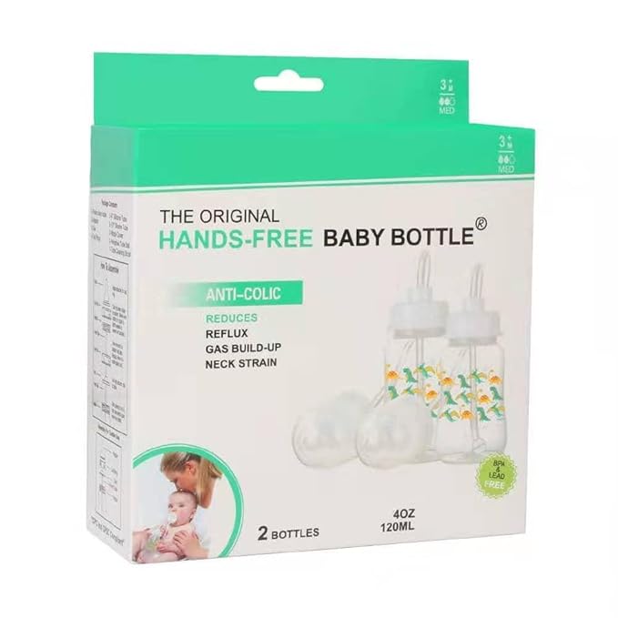 Hands-Free Baby Bottle - Anti-Colic Nursing System 4 oz Baby Bottle with Fast Flow Nipple/Teat 3m+ Infant with Tube Straw Feeding System for Toddler (2 Pack - Dinosaur)