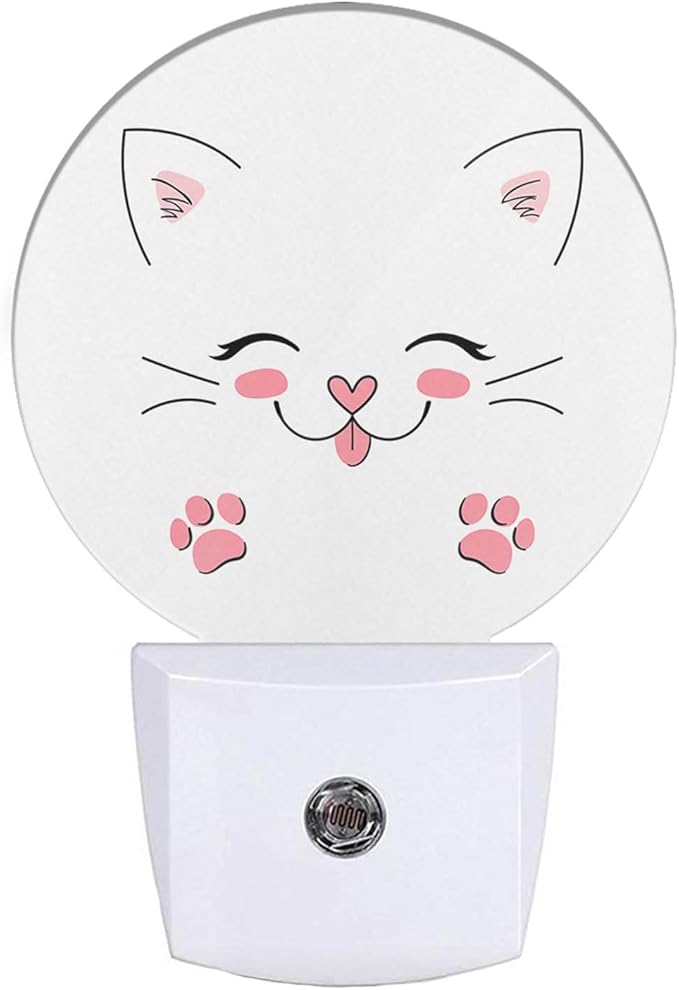 EKOBLA Happy Cat Night Light Cute Animal Kitten with Pink Paw Flurry Ears Night Lights Plug into Wall LED Lamp Dusk to Dawn Sensor for Boys Girls Bathroom Bedroom Decorative LED Lamp