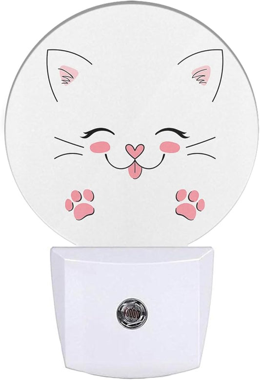 EKOBLA Happy Cat Night Light Cute Animal Kitten with Pink Paw Flurry Ears Night Lights Plug into Wall LED Lamp Dusk to Dawn Sensor for Boys Girls Bathroom Bedroom Decorative LED Lamp