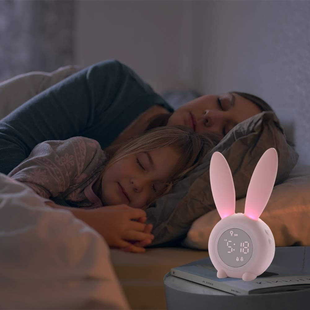 KDtech Kids Alarm Clock with Night Light 6 Ringtones, Cute Pink Bunny Digital Alarm Clock for Kids, Touch Control and Rechargeable Sleep Trainer Clock for Boys Girls Bedroom