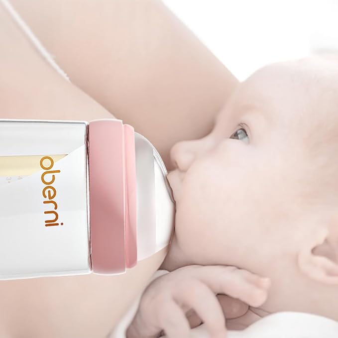 Baby Bottles with Slow Off-Centered Nipple for 0+ Months, Anti Colic Newborn Milk Feeding Bottle, 150ml/5oz/Pink/2Pack