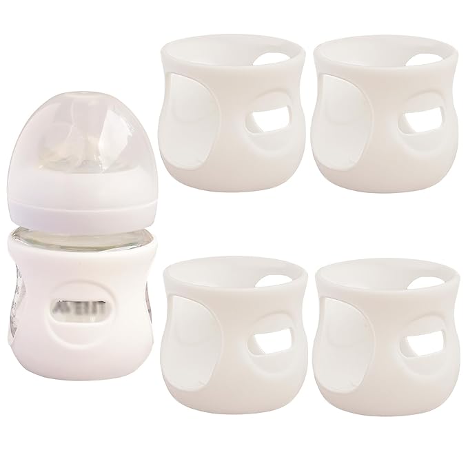 4 Pack Silicone Sleeves for Avent Natural Glass Baby Bottles, Anti Breakage Bottle Holder, Compatible with Philips Avent Glass Natural Baby Bottles (4 White, 4 OZ)