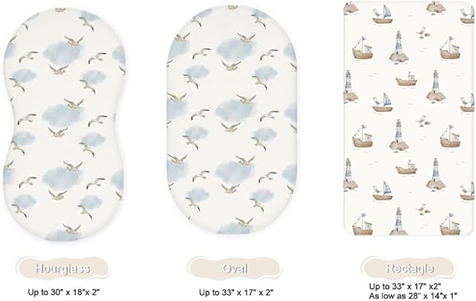 Bassinet Sheets for Baby Girls Boys 2 Pack, Fitted Baby Mattress Sheet for Rectangle, Oval, Hourglass Bassinet Mattress, Breathable Cozy & Universal Fit (Sailing Waves)