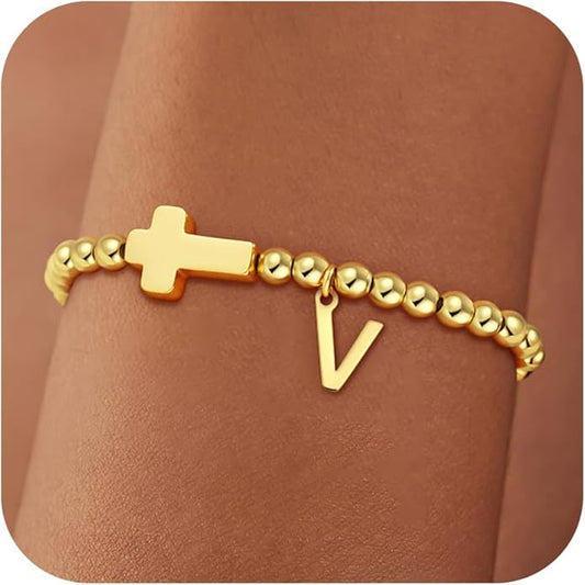 Gold Initial Bracelets for Women Girls - 18K Gold Plated Cross Initial Bracelet Dainty Beaded Bracelet Gold Bracelets for Women Teen Girl Gifts