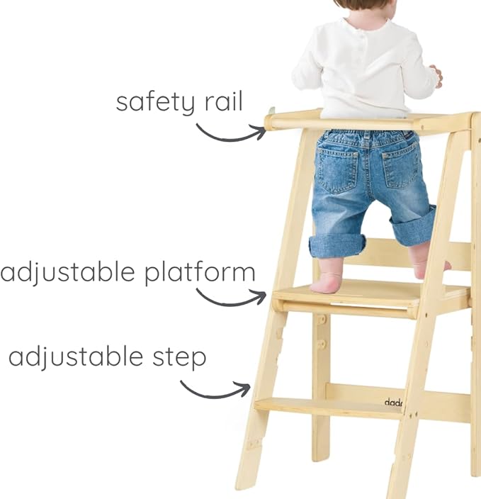 dadada Baby Foldable Montessori Tower - Adjustable Kitchen Step Stool for Kids with Safety Rail, Non-Toxic Finish, Great for Small Space Living (Natural)