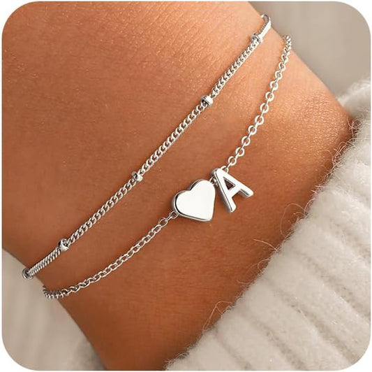 M MOOHAM Initial Heart Bracelets for Women - Layered Dainty 14K-Gold-Plated Heart Letter A-Z Charm Bracelets for Women, Chain Link Charm Bracelets Beaded Bracelets Birthday Gifts Womens Jewelry