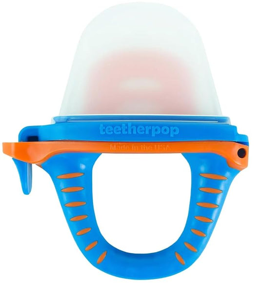 Teetherpop Fillable Silicone Teether for Babies – Breastmilk Popsicle Molds for Teething with Spill-Proof Sippy Slits – Freezable Baby Teethers for Liquids & Purées - Cool Teething Relief (BlueOrange)