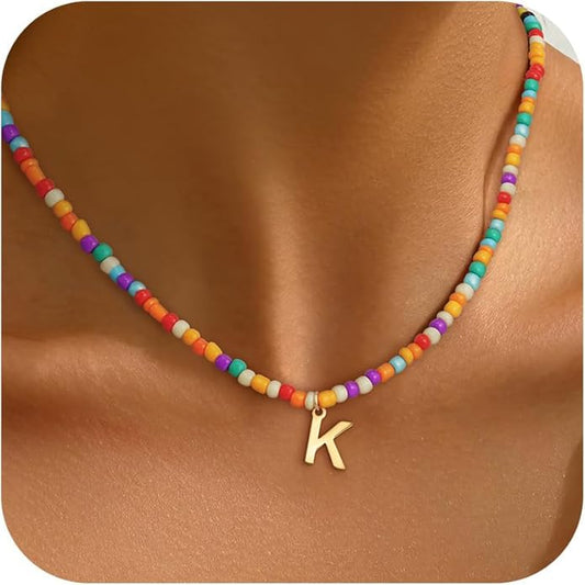 Colorful Initial Necklaces for Girls Women - Cute Beaded Choker Initial Necklace Teen Girl Gifts Trendy Stuff, Bohemian Letter Necklace Personalized Gifts for Girls Women Jewelry