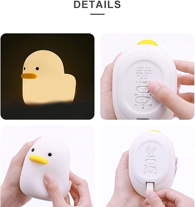BFYCHYC Home Duck Night Light Cute Animal Silicone Nursery Rechargeable ABS+PC Table Bedside Lamp Timer Setting with Touch Sensor for Bedroom Breastfeeding Kid Home Decoration White HL-16