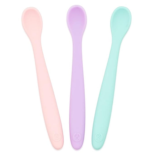 WeeSprout Silicone Baby Spoons - First Stage Infant Feeding Utensils With Soft-Tip, Bendable Kitchenware for Parent & Self-Feeding, Ultra-Durable, Dishwasher Safe, Travel Case, Set of 3