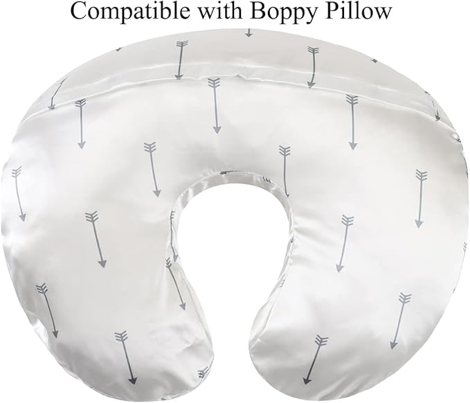 Satin Nursing Pillow Cover Set - 2 Pack Ultra Soft Silk, Compatible with Boppy Pillow for Breastfeeding, Protects Baby Hair & Skin - Grey Arrows & Stars