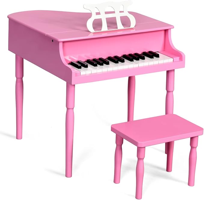 HONEY JOY Classical Kids Piano, 30-Key Mini Grand Piano with Music Stand and Bench, Wooden Musical Instrument Toy w/Lid & Music Rack, Gift for Boys Girls Ages 3+ (Pink)