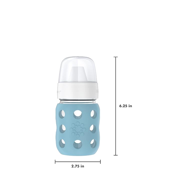 Lifefactory 8-Ounce Wide Neck Glass Baby Bottle with Protective Silicone Sleeve and Hard Sippy Spout, Denim (LG2221WDE4)
