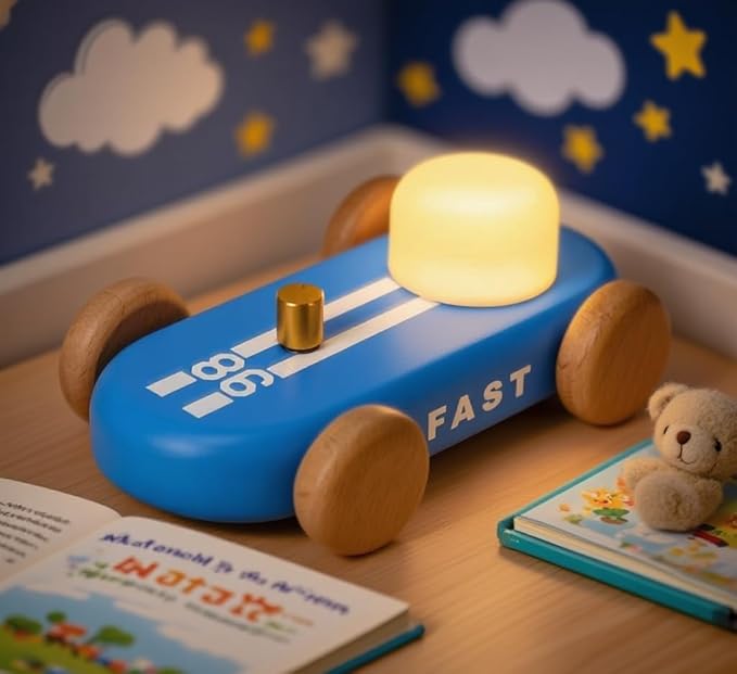 Wooden Go-Kart Night Light for Kids, 7 Color Adjustable, USB Rechargeable (Blue)