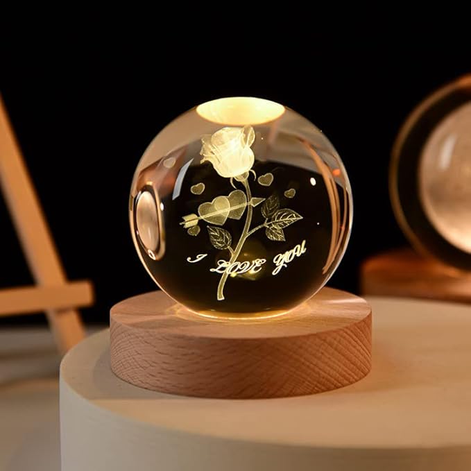 Glowing Crystal Ball Roses 3D Inner Carved Small Crystal Ball Light with Wood Base, Decorative Creative Gift Luminous for Christmas Classmates and Kids Birthday