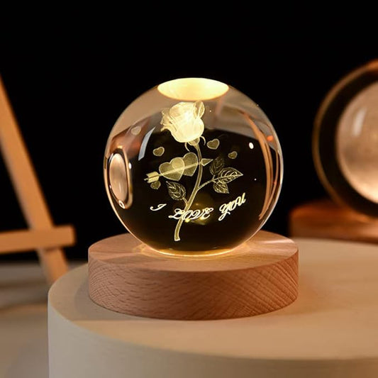 Glowing Crystal Ball Roses 3D Inner Carved Small Crystal Ball Light with Wood Base, Decorative Creative Gift Luminous for Christmas Classmates and Kids Birthday