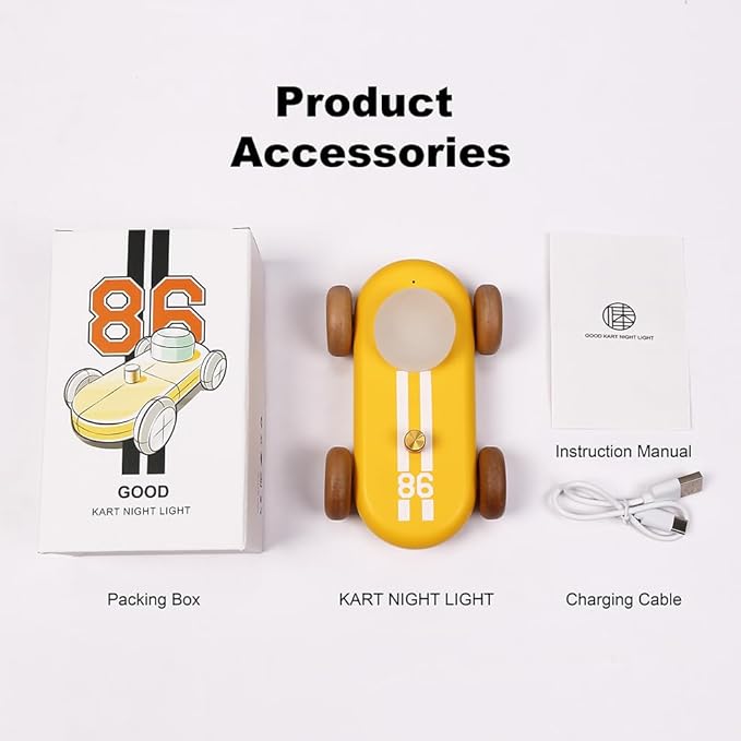 Wooden Go-Kart Night Light for Kids, 7 Color Adjustable, USB Rechargeable (Green)