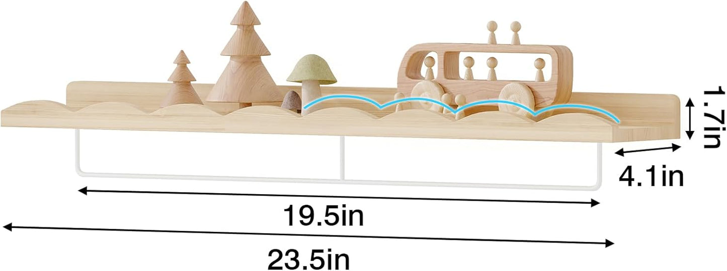 Fixwal Nursery Shelves, 24 Inch Floating Bookshelves for Wall Set of 4, Scalloped Wall Book Shelves with Towel Rack for Kids, Toddler Room, Baby Room, Nursery Decor and Storage(Natural Wood)